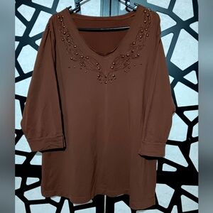 Unbranded - 3/4 Sleeved Shirt w/ Studded Neckline - Brown - One Size